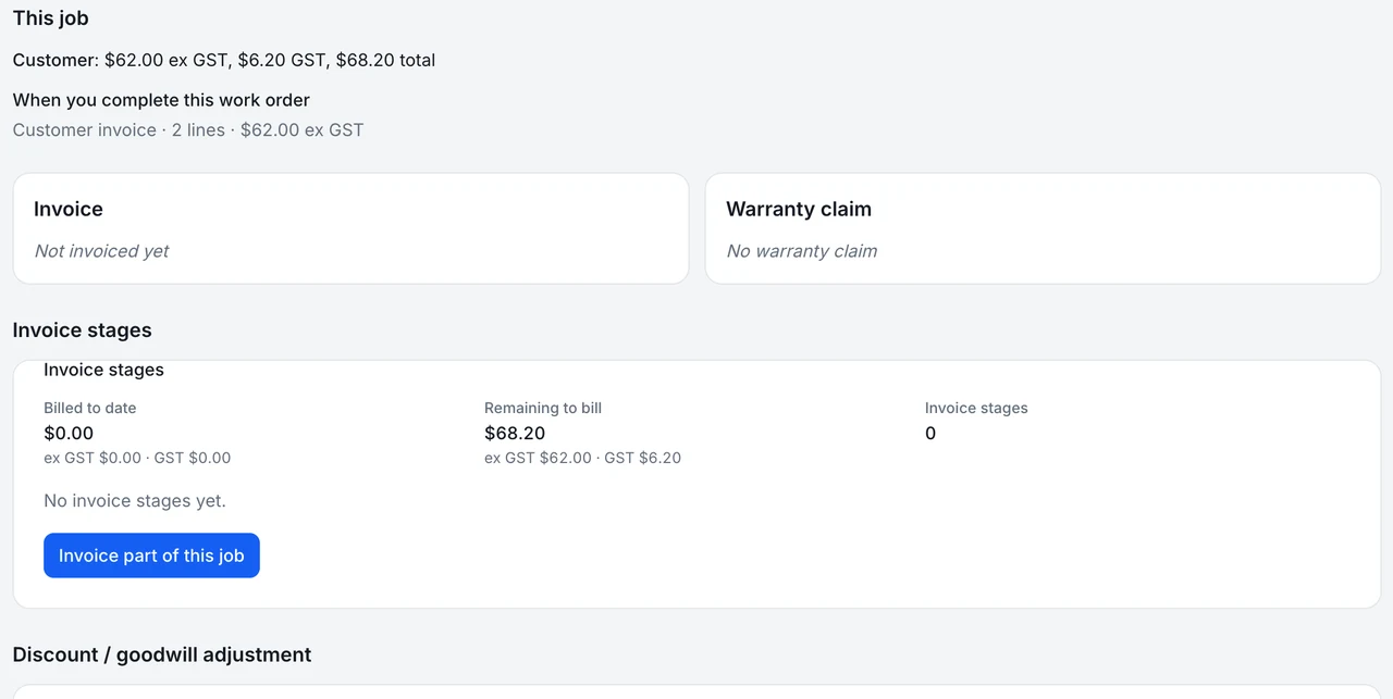 Work order Invoice stages panel showing billed to date, remaining to bill and an Invoice part of this job button