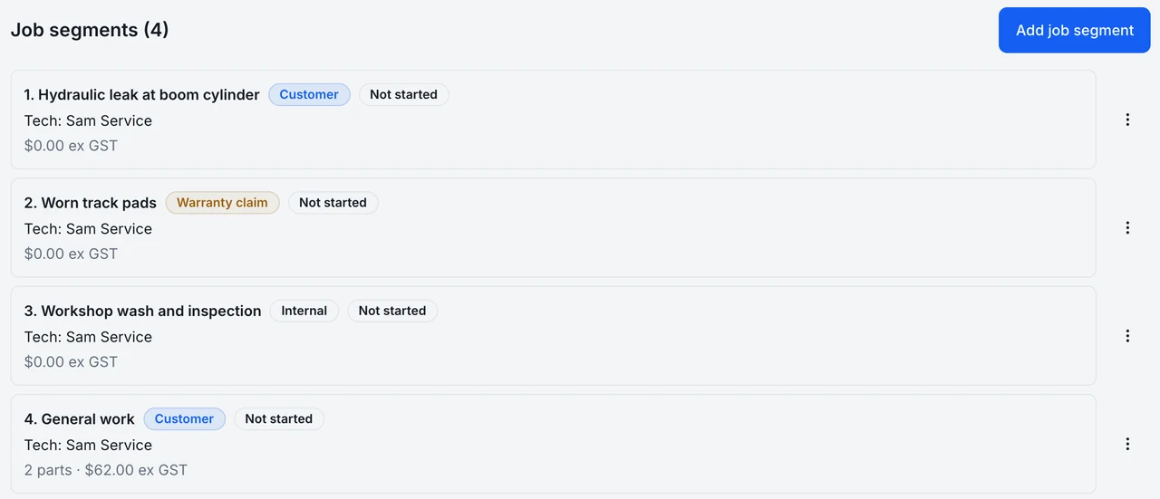 Work order job segments list: four segments billed to Customer, Warranty claim and Internal, each with a technician