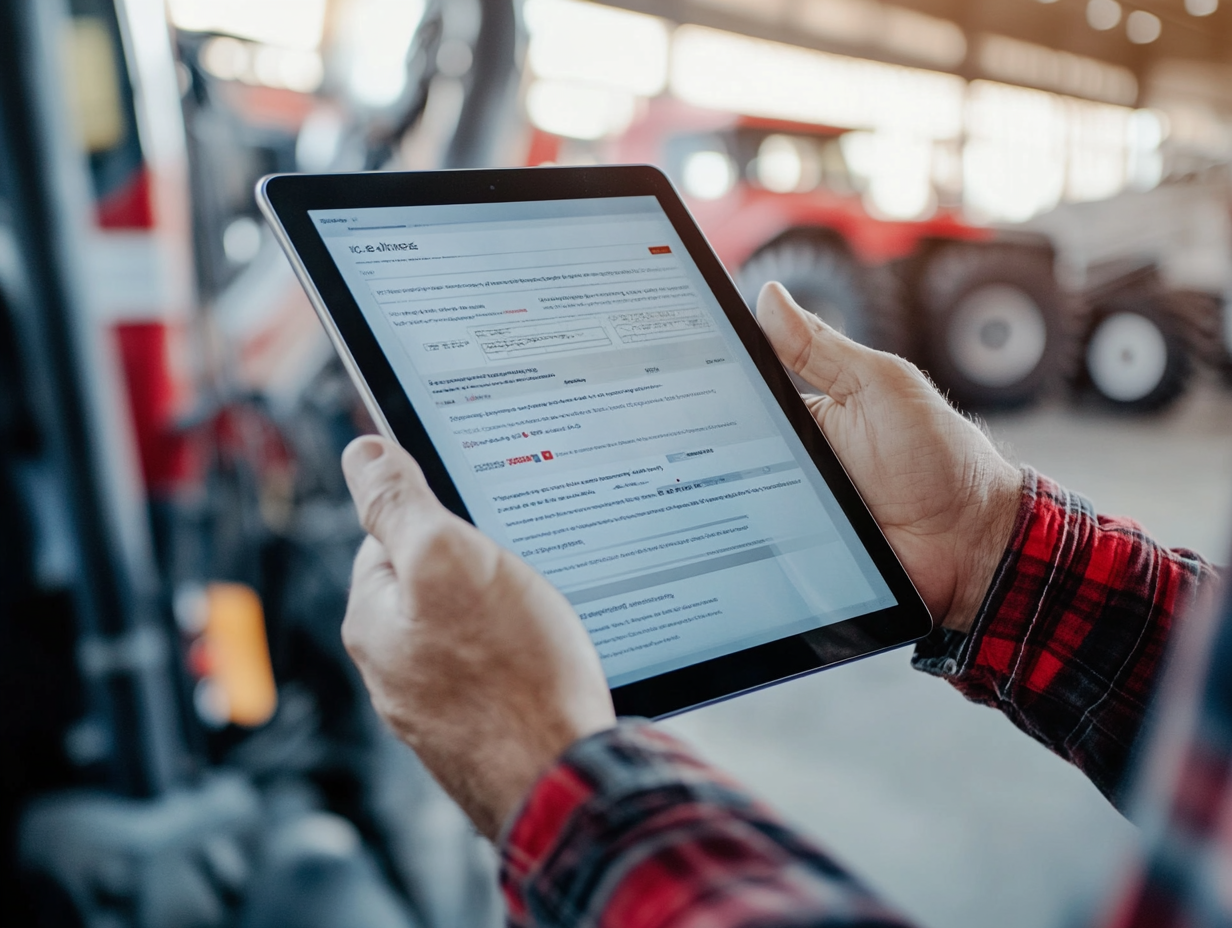 Tradesman hands holding a tablet showing a rental contract beside heavy equipment in a workshop
