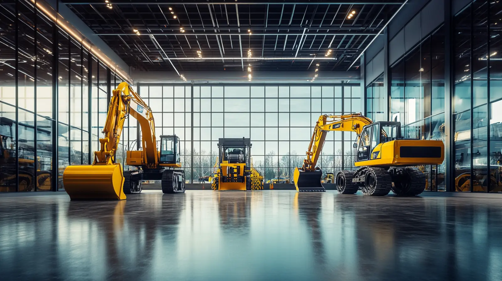Modern heavy equipment dealership showroom with excavators and machinery on display
