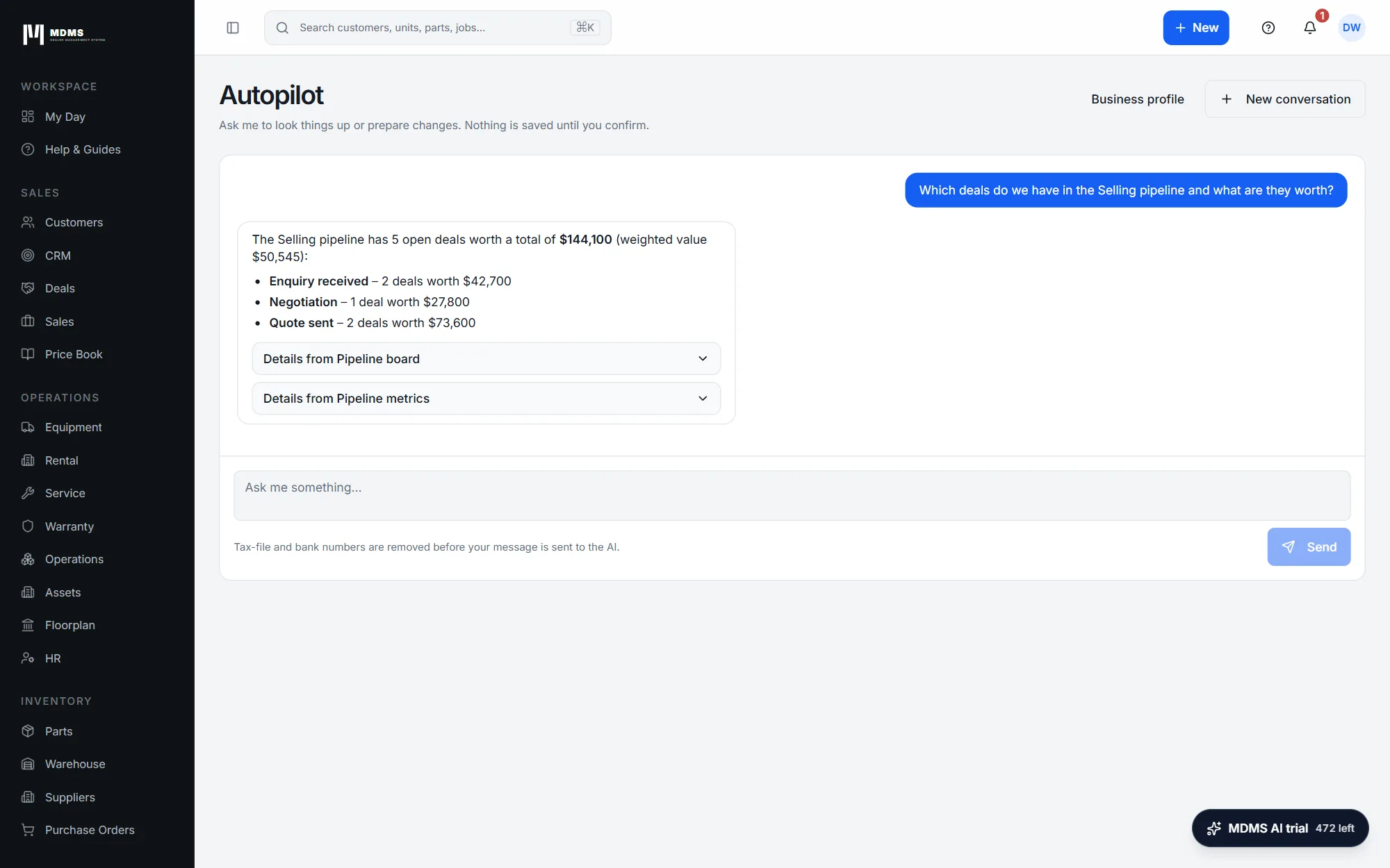 Autopilot summarising the open deals in the Selling pipeline by stage with their total and weighted value.