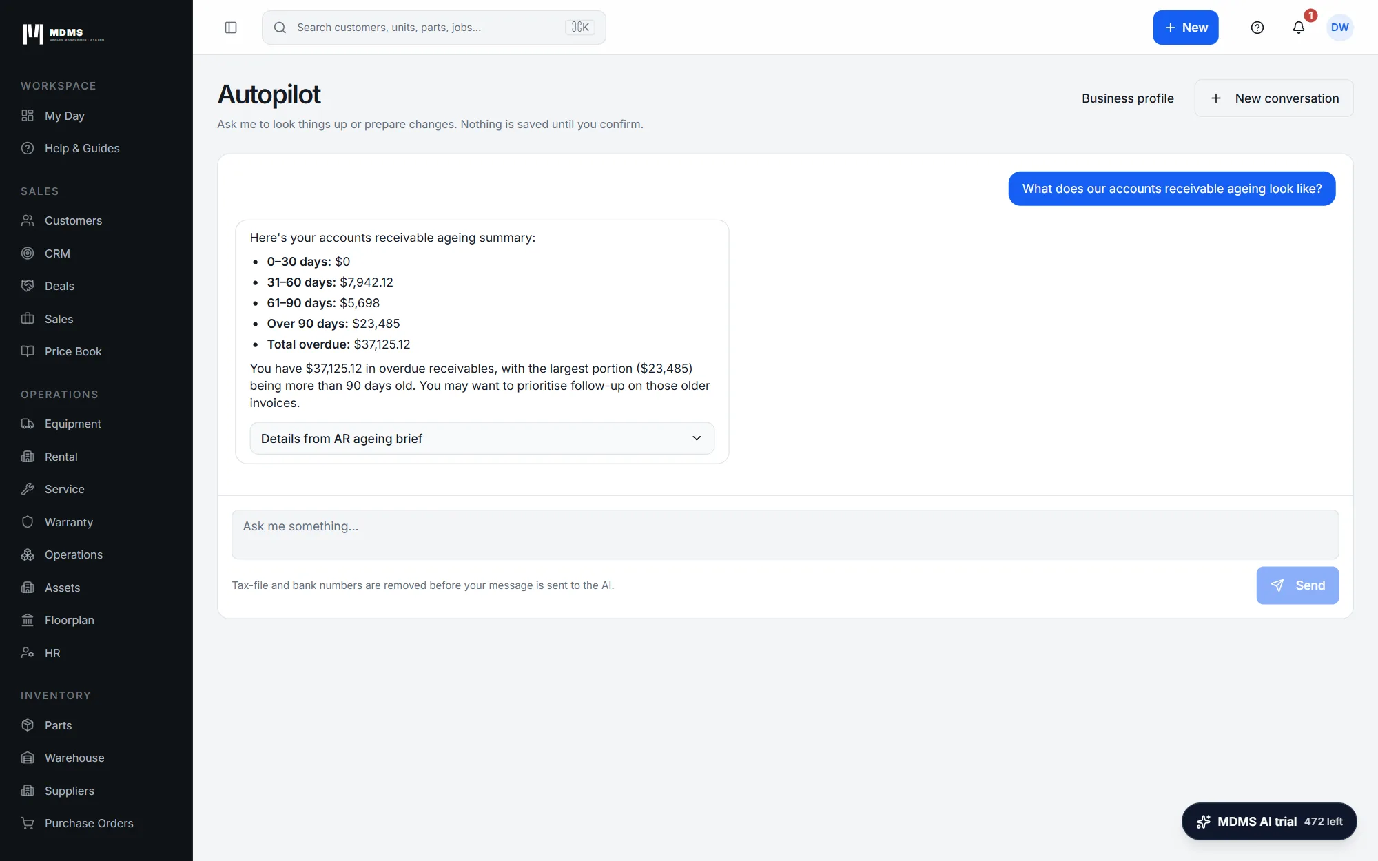 Autopilot summarising accounts receivable ageing by 30-day bands with the total overdue.