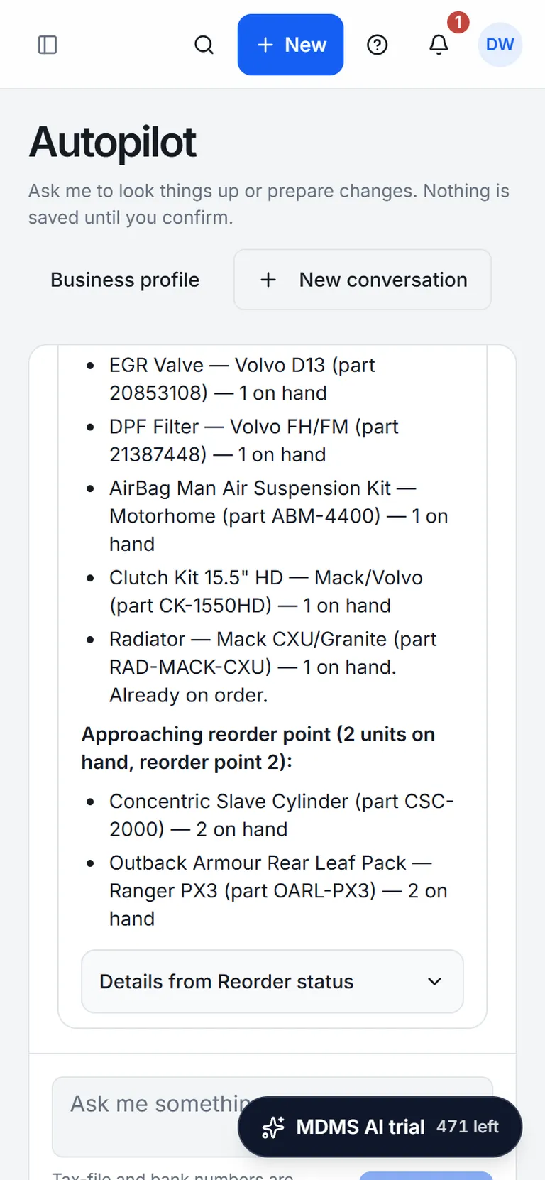 MDMS AI Autopilot at phone size, answering which parts are running low on stock