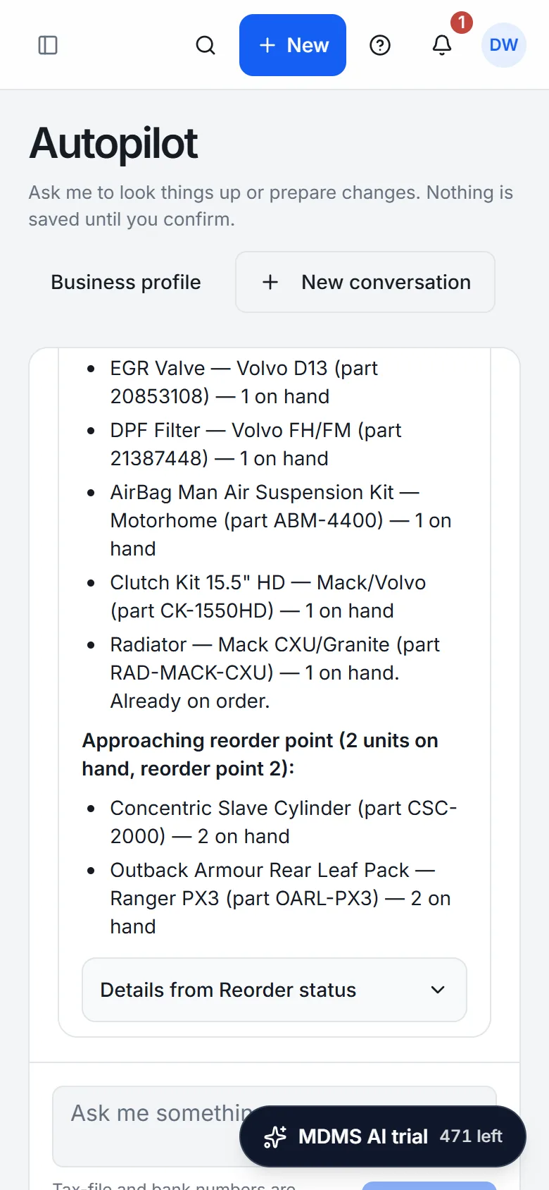 Autopilot at phone size, showing the low-stock parts answer with a collapsible details row.