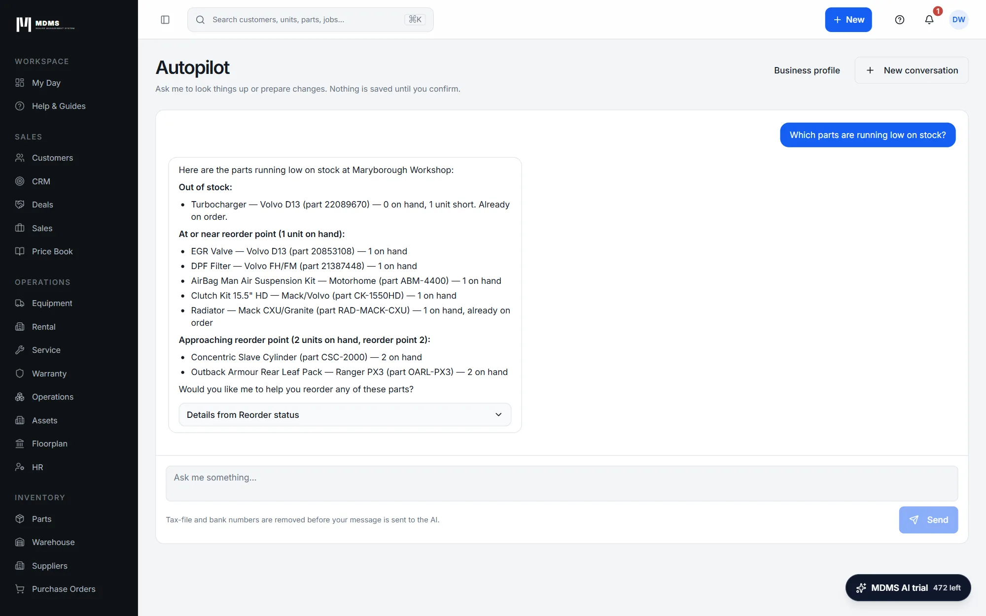 Autopilot answering which parts are running low on stock, grouped as out of stock, at reorder point and approaching it.