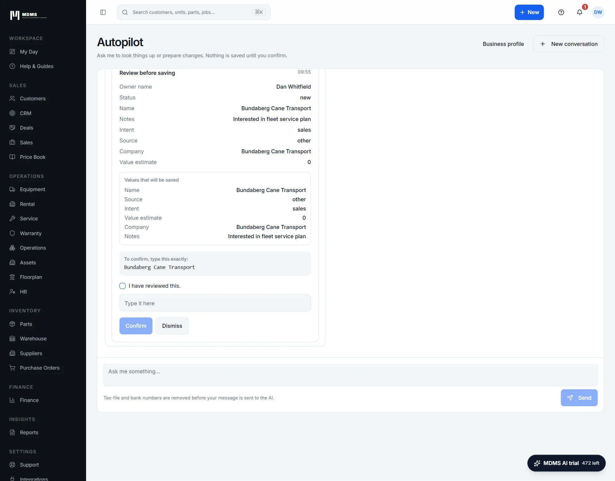 Autopilot preview card listing the values that will be saved, a word to type, a review box and Confirm and Dismiss.