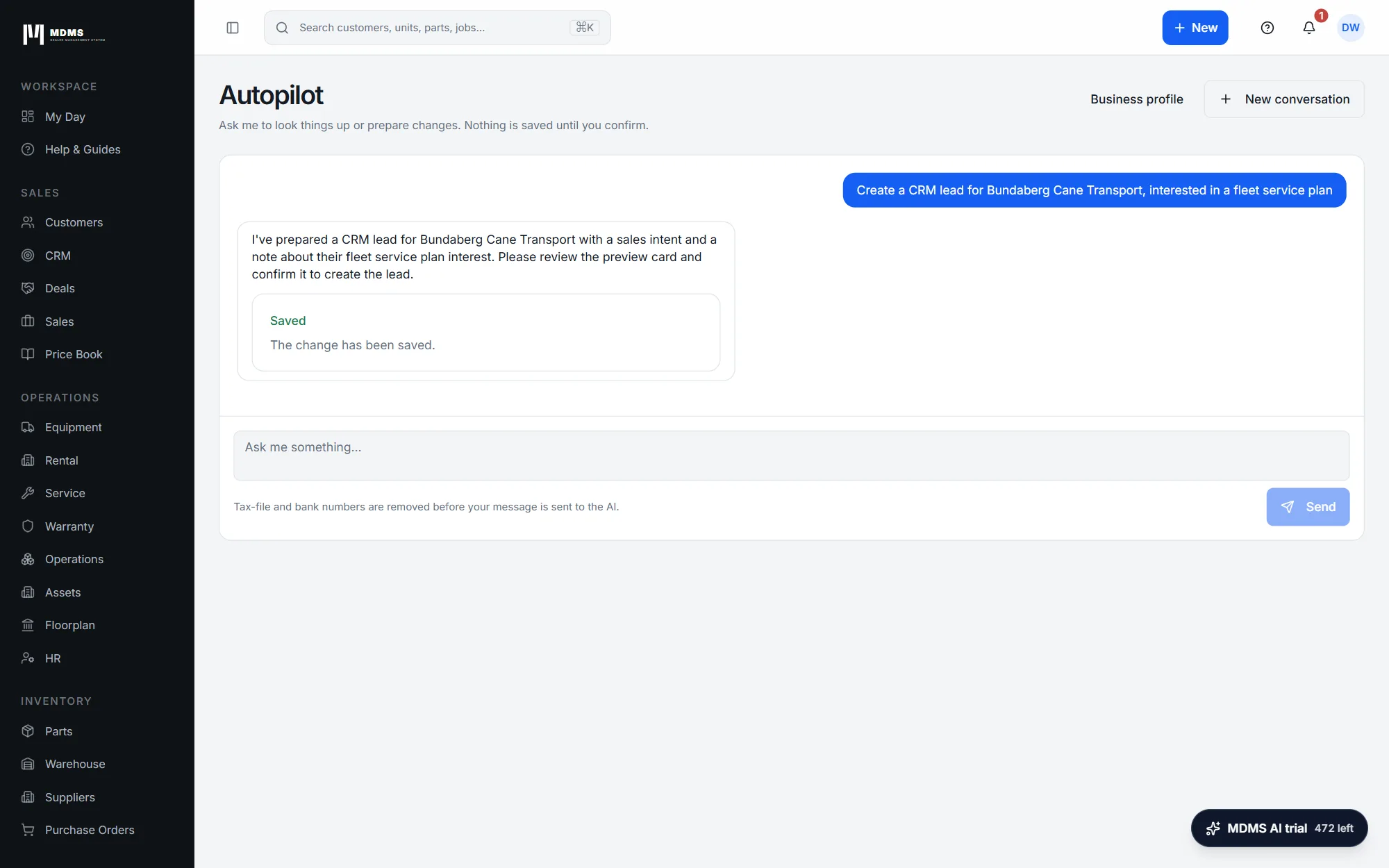 Autopilot confirming that a new CRM lead was saved after the person confirmed the preview.