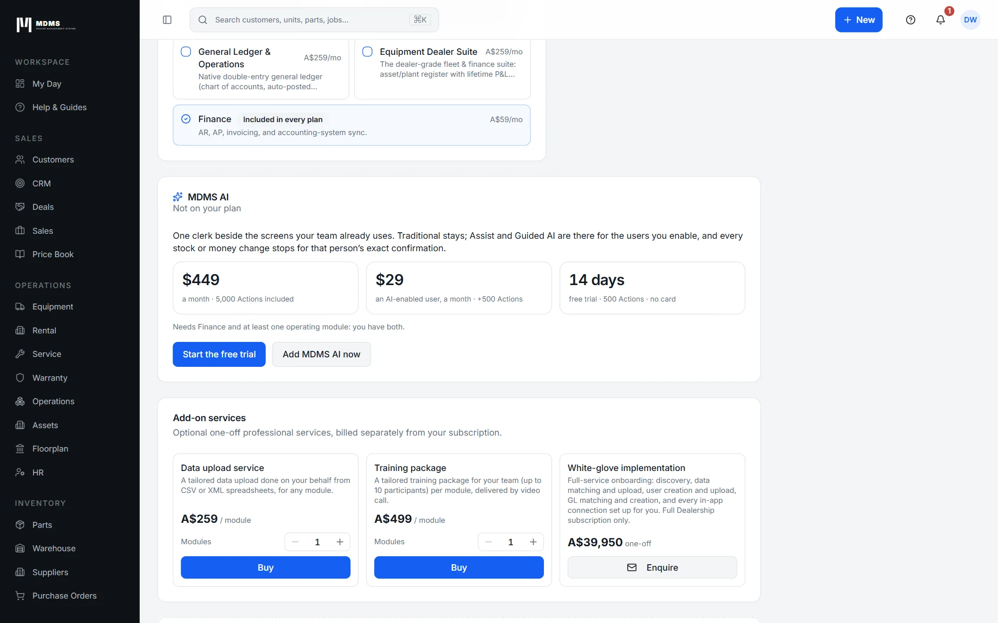 The MDMS AI card in Billing & Plan, showing the platform fee, the per-user fee and the 14-day free trial.