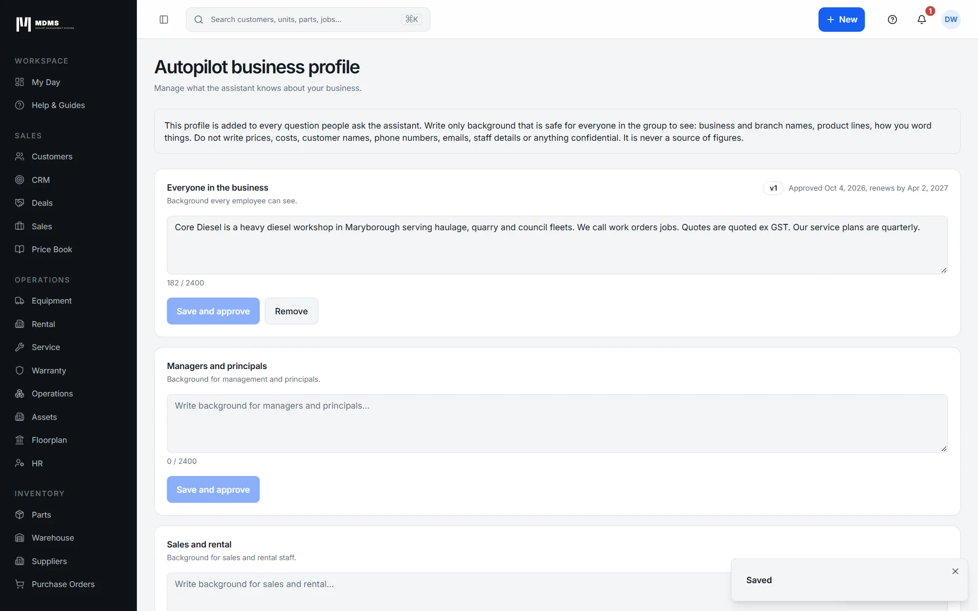 The Autopilot business profile page, where an admin writes approved background text for each group of staff.