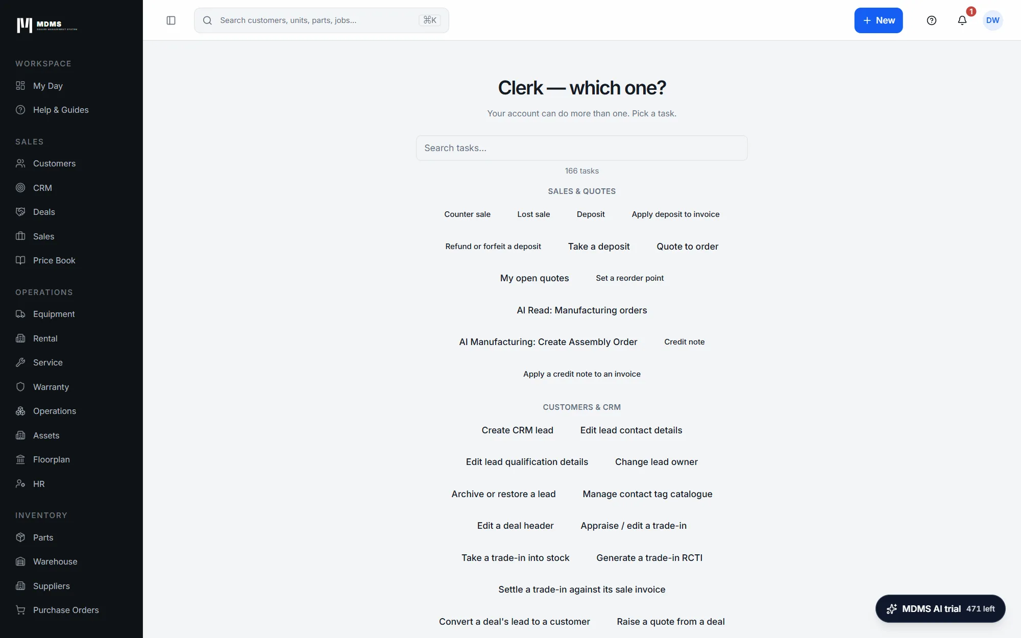 The Clerk task picker, with a search box and tasks grouped under Sales & quotes and Customers & CRM.