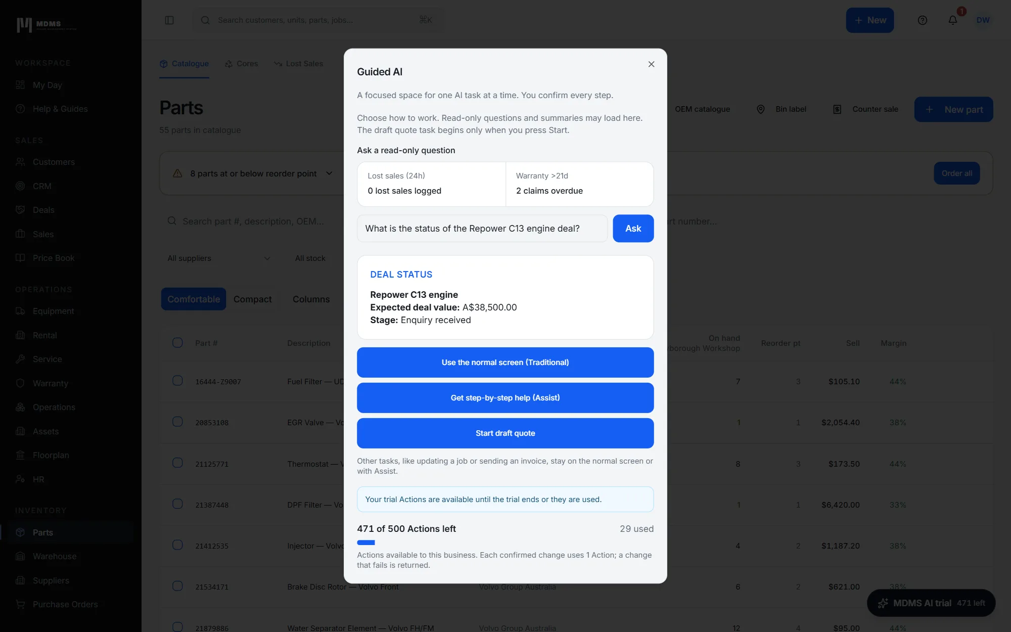Guided AI window answering a deal status question, with buttons for the normal screen, Assist and Start draft quote.