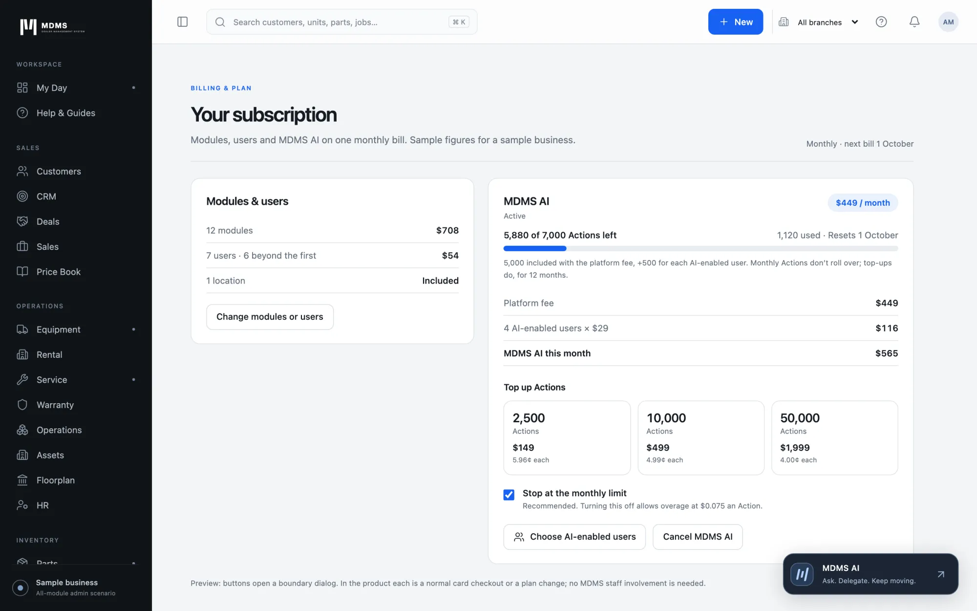 MDMS AI design presentation: Billing & Plan · MDMS AI active.