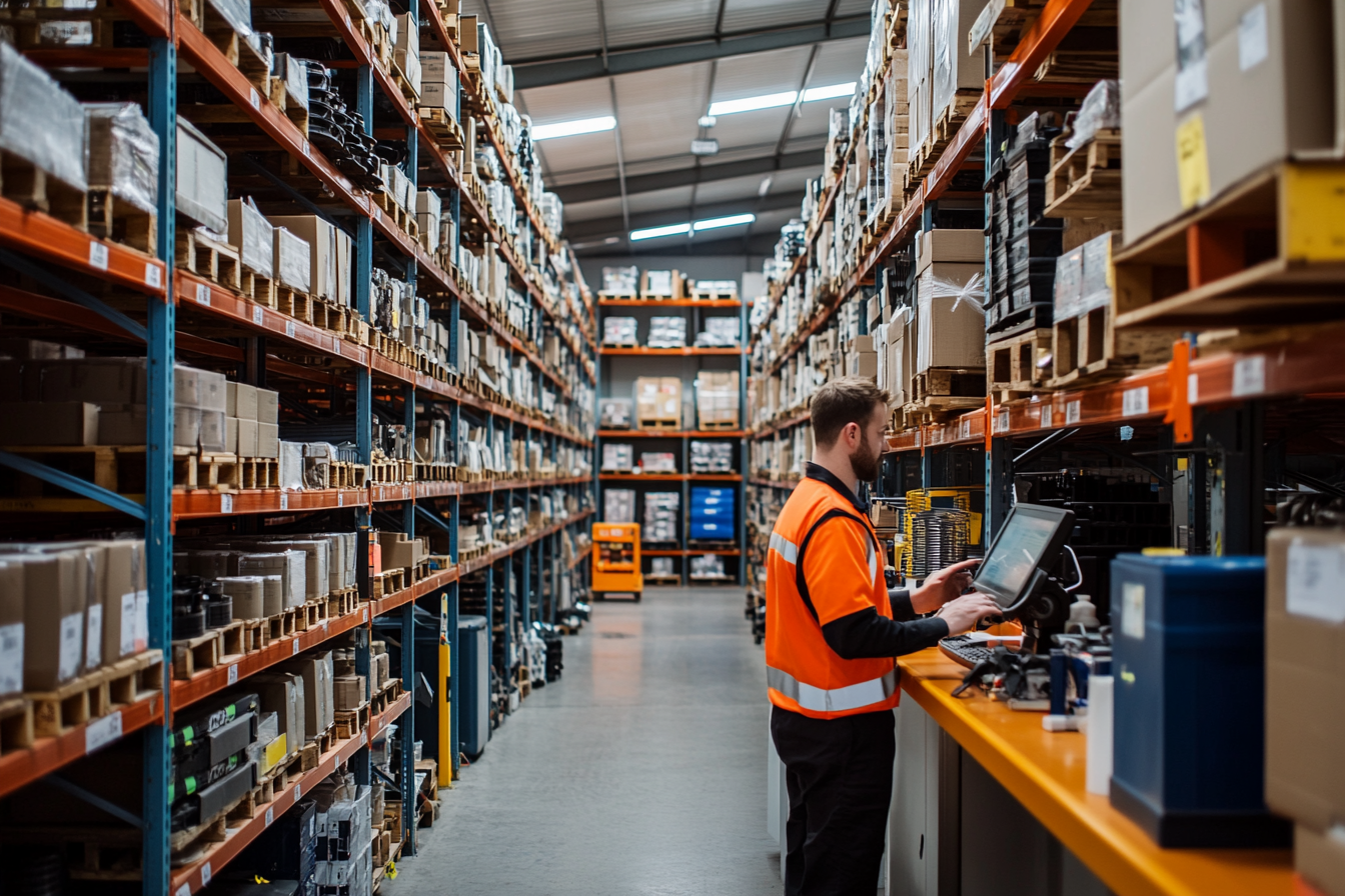 Modern heavy equipment parts warehouse interior with stocked racking and a parts worker at a counter terminal