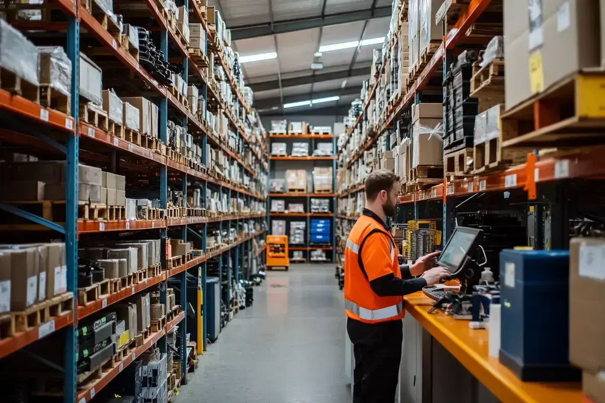 Modern heavy equipment parts warehouse interior with stocked racking and a parts worker at a counter terminal