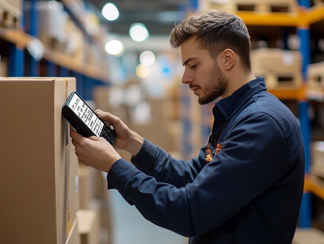 Parts warehouse worker scanning a barcode on a box with a handheld terminal in a parts warehouse aisle