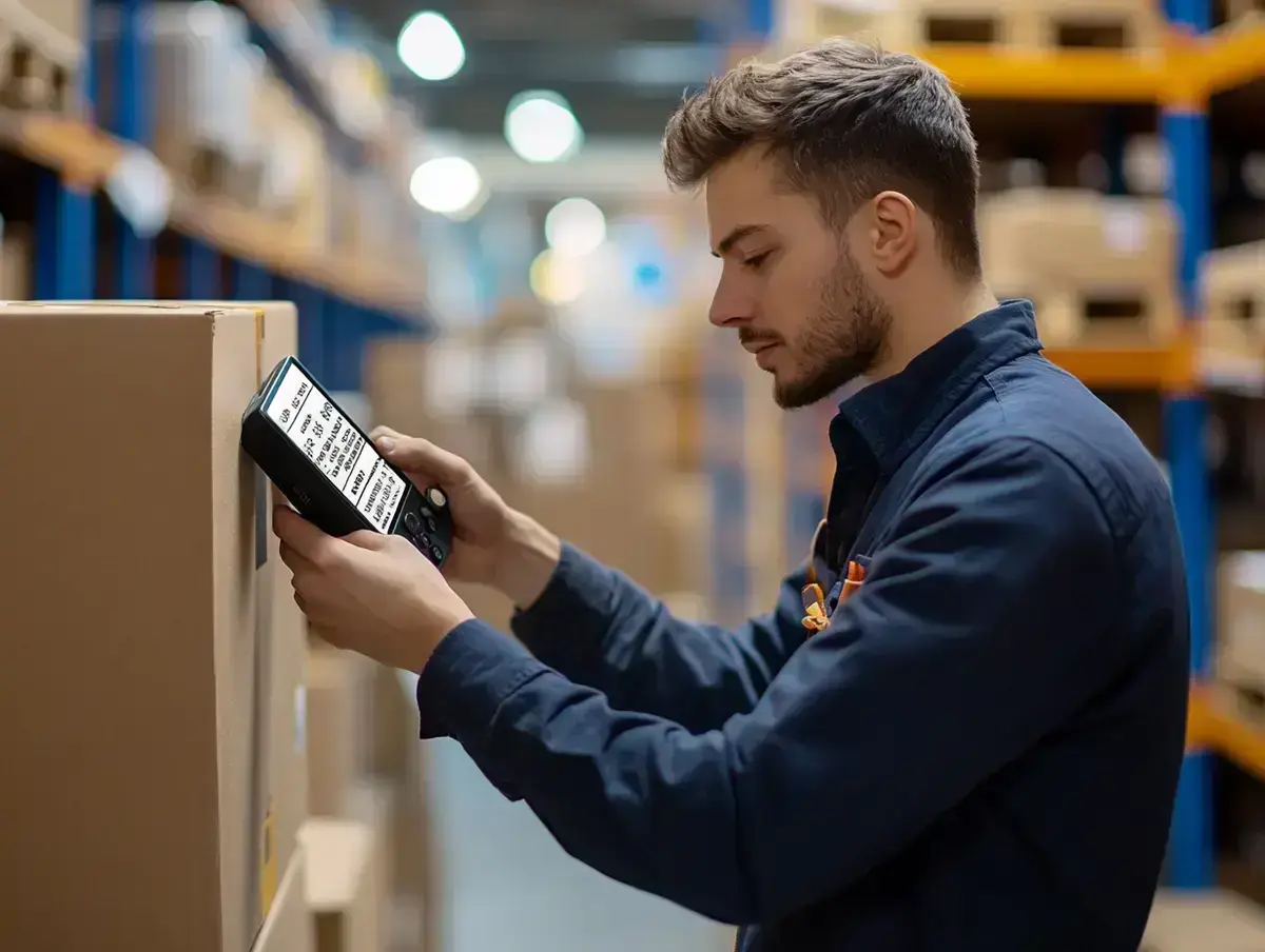 Powersports parts counter worker scanning an accessory with a handheld terminal