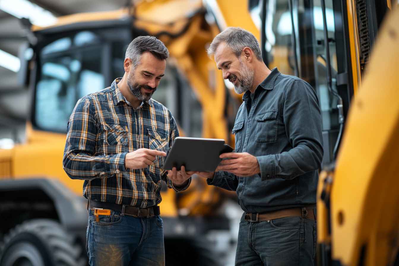 Salesperson showing equipment inventory on a tablet beside heavy machinery on a dealership lot