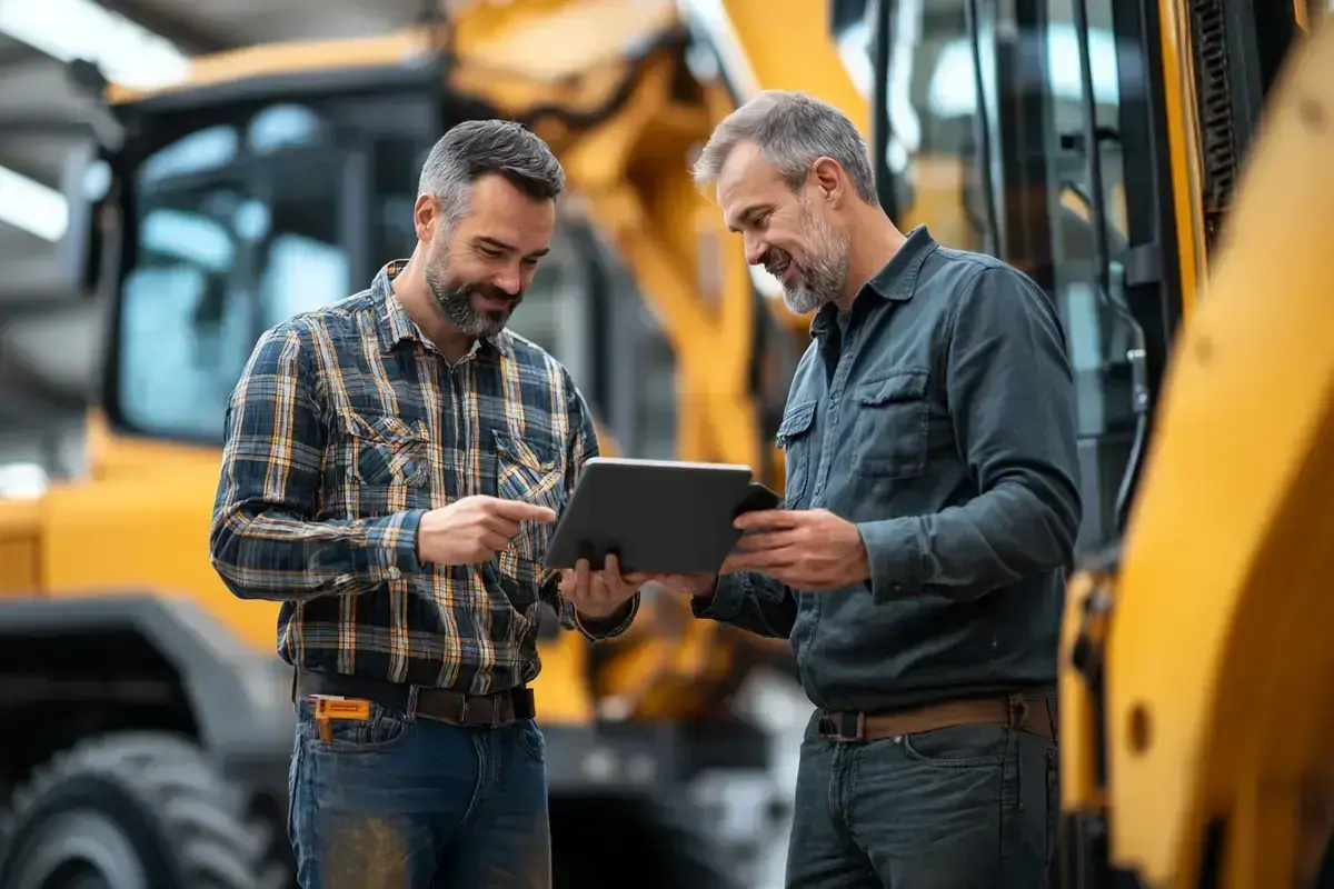 Agricultural machinery dealer showing a tractor configuration on a tablet to a farmer