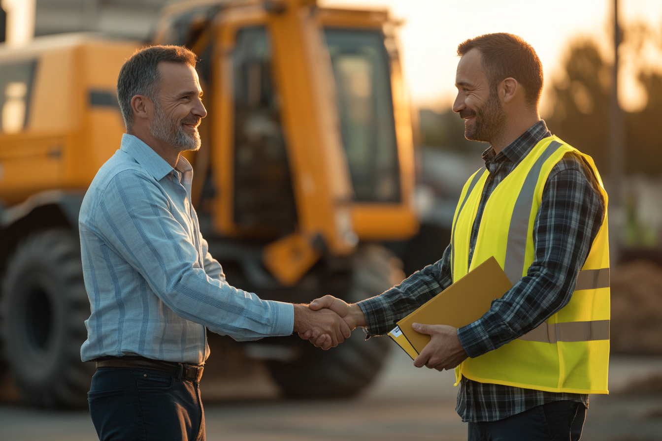 Equipment dealer salesperson shaking hands with a customer in front of a yellow excavator at sunset