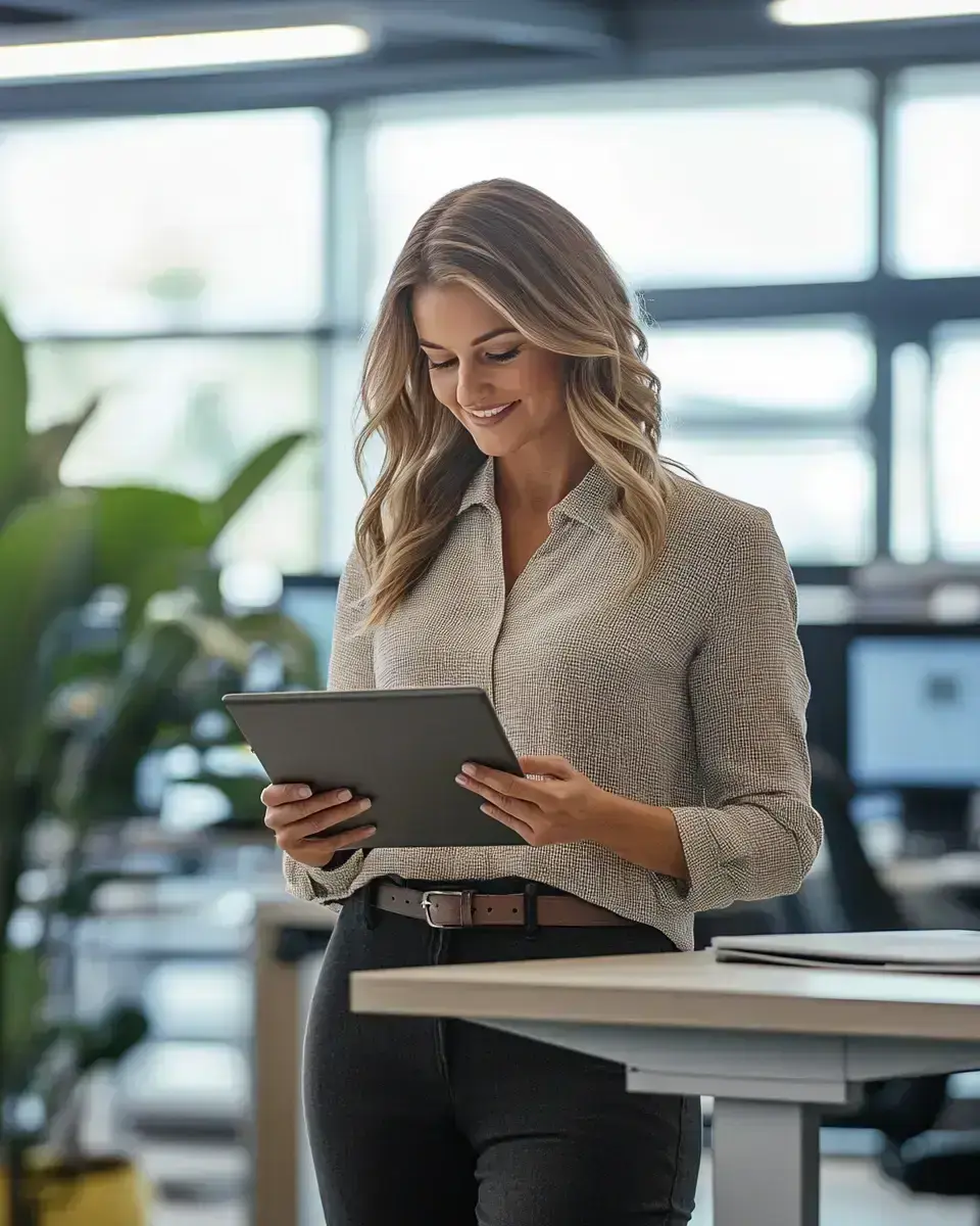 Female equipment sales manager reviewing finance dashboards on a tablet in a modern office