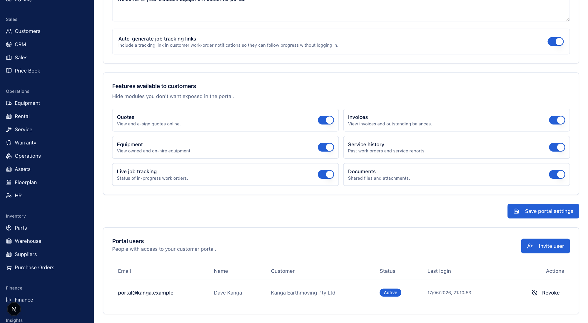 MDMS customer portal settings showing per-section toggles for quotes, invoices, equipment, service history, live job tracking and documents, an auto-generate job-tracking-links switch, and a portal users table listing an invited customer contact with their status and last login.
