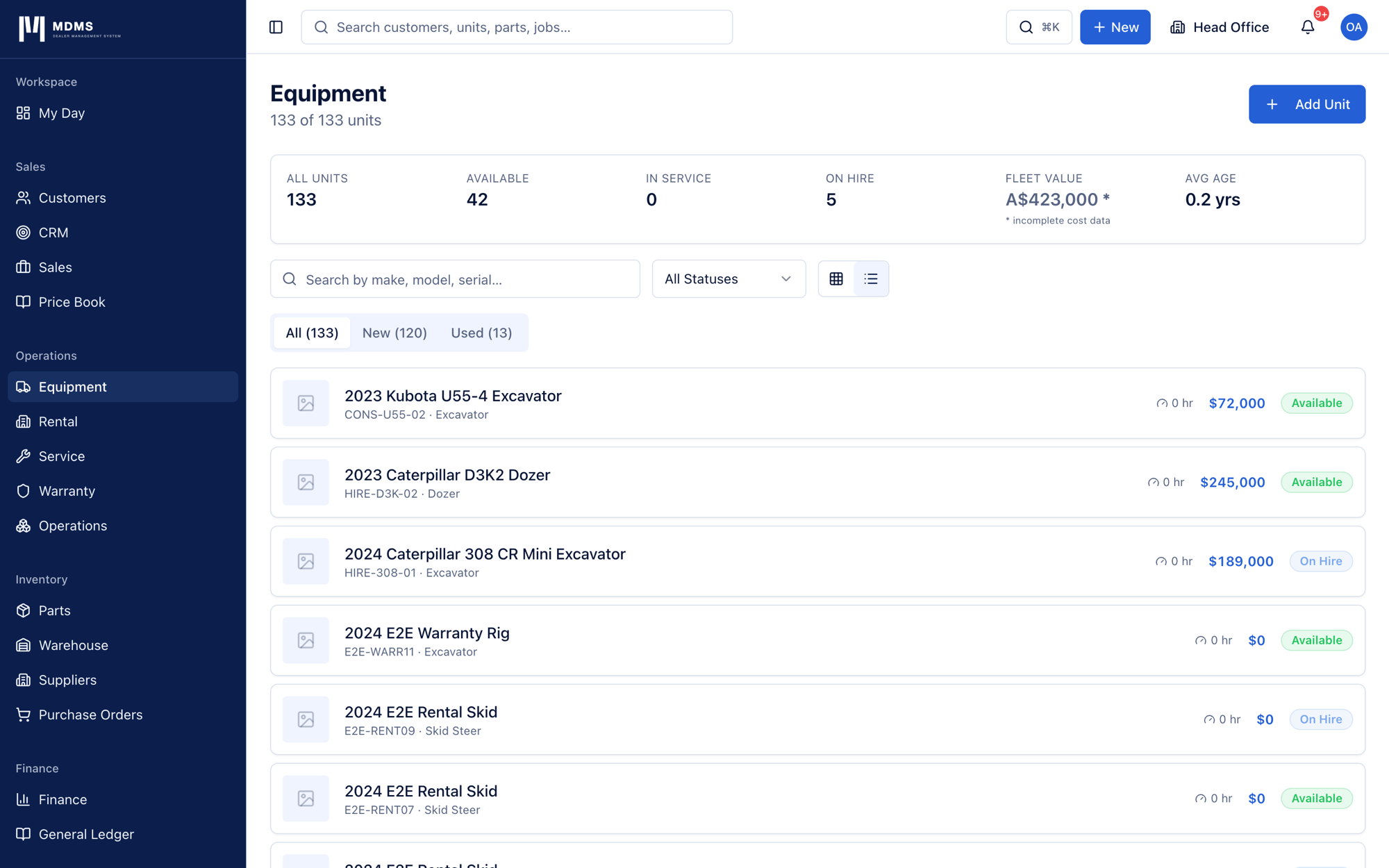 MDMS Equipment register listing serial-numbered units with stock number, category, hour meter, price and current book value, plus fleet KPIs.