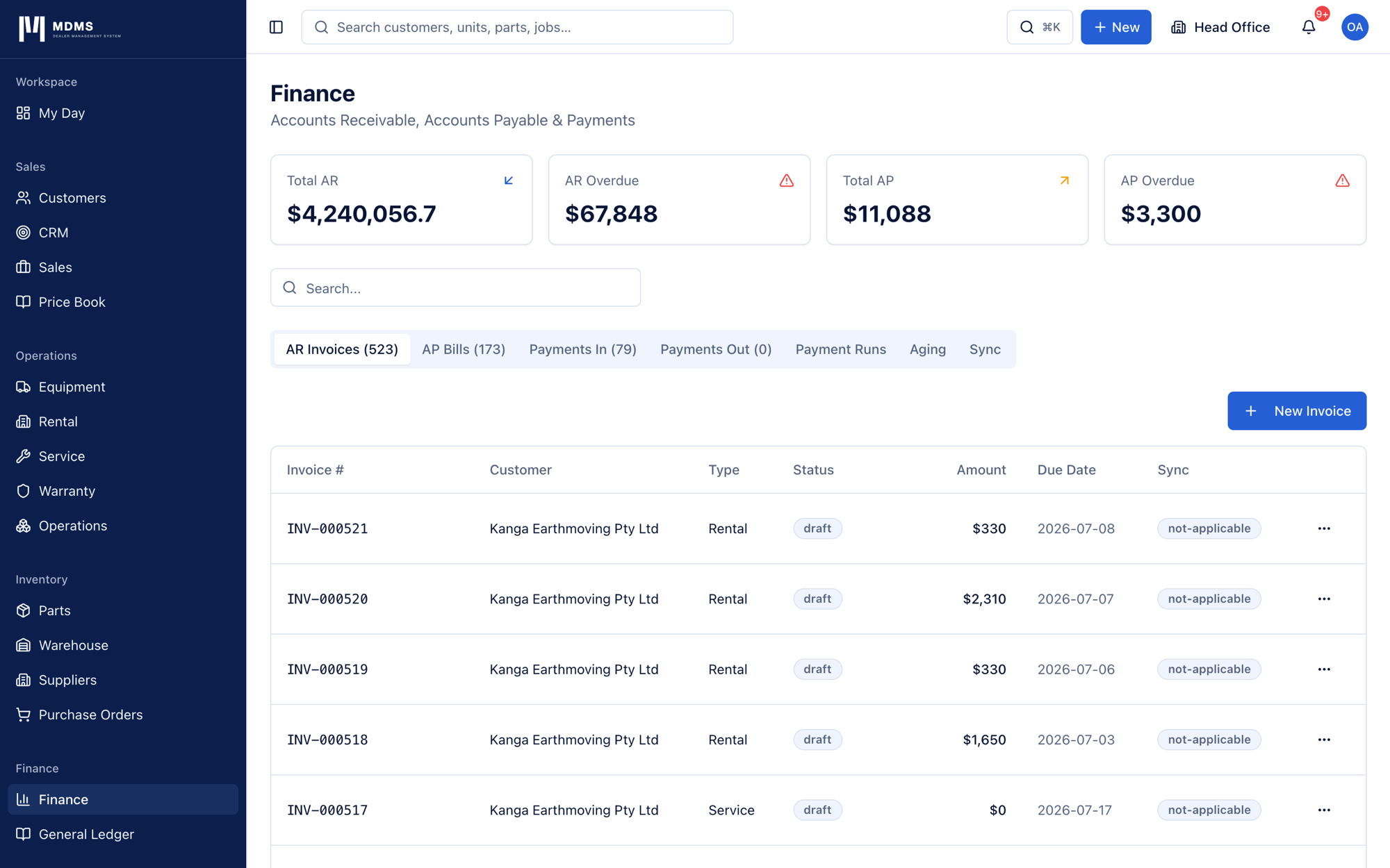 MDMS Finance screen showing total AR, AR overdue, total AP and AP overdue KPIs, and an invoice list with status and due date.