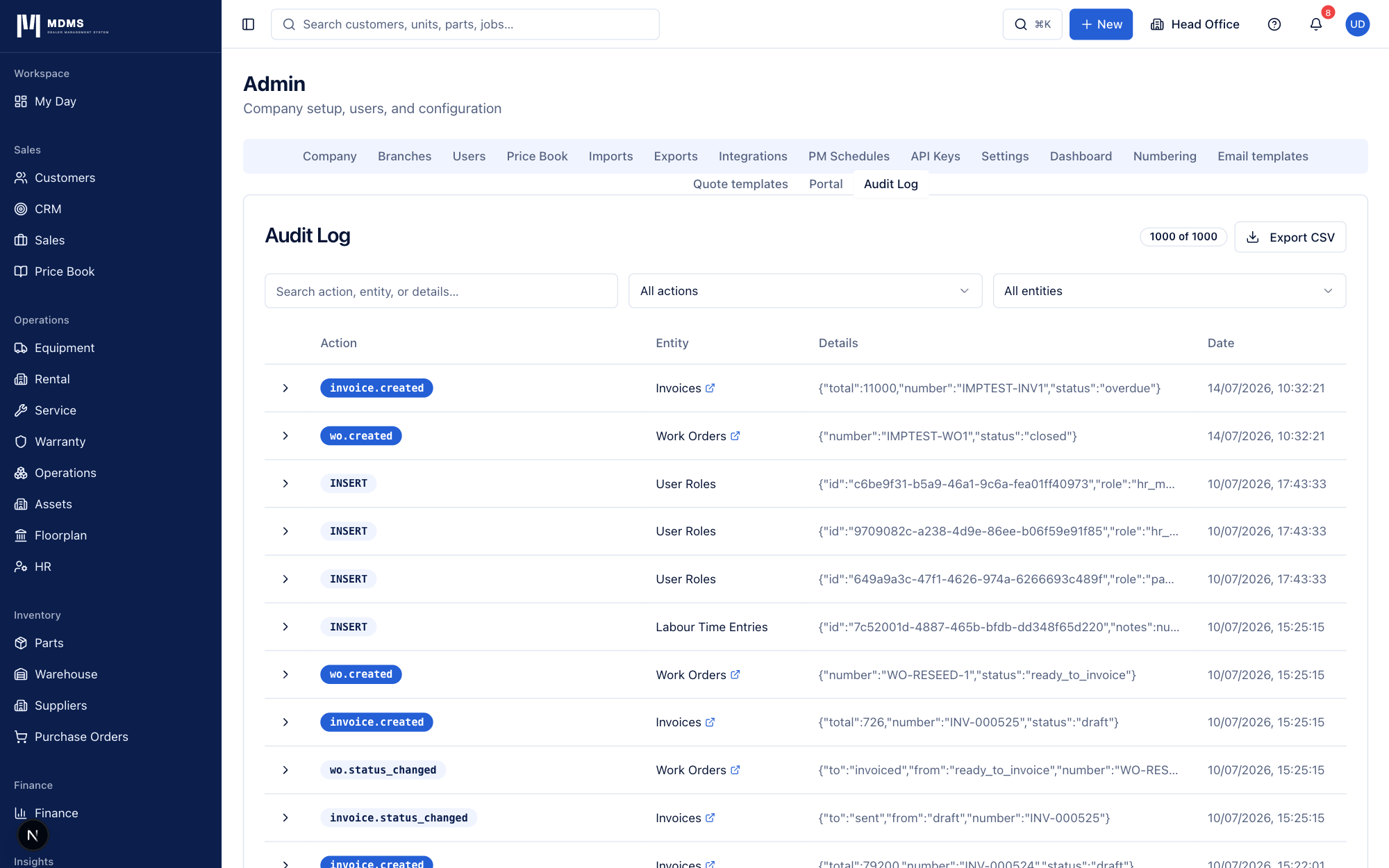 MDMS audit log listing database-written entries with the action, the entity affected, a JSON details payload and a timestamp, filterable by action and entity and exportable to CSV.