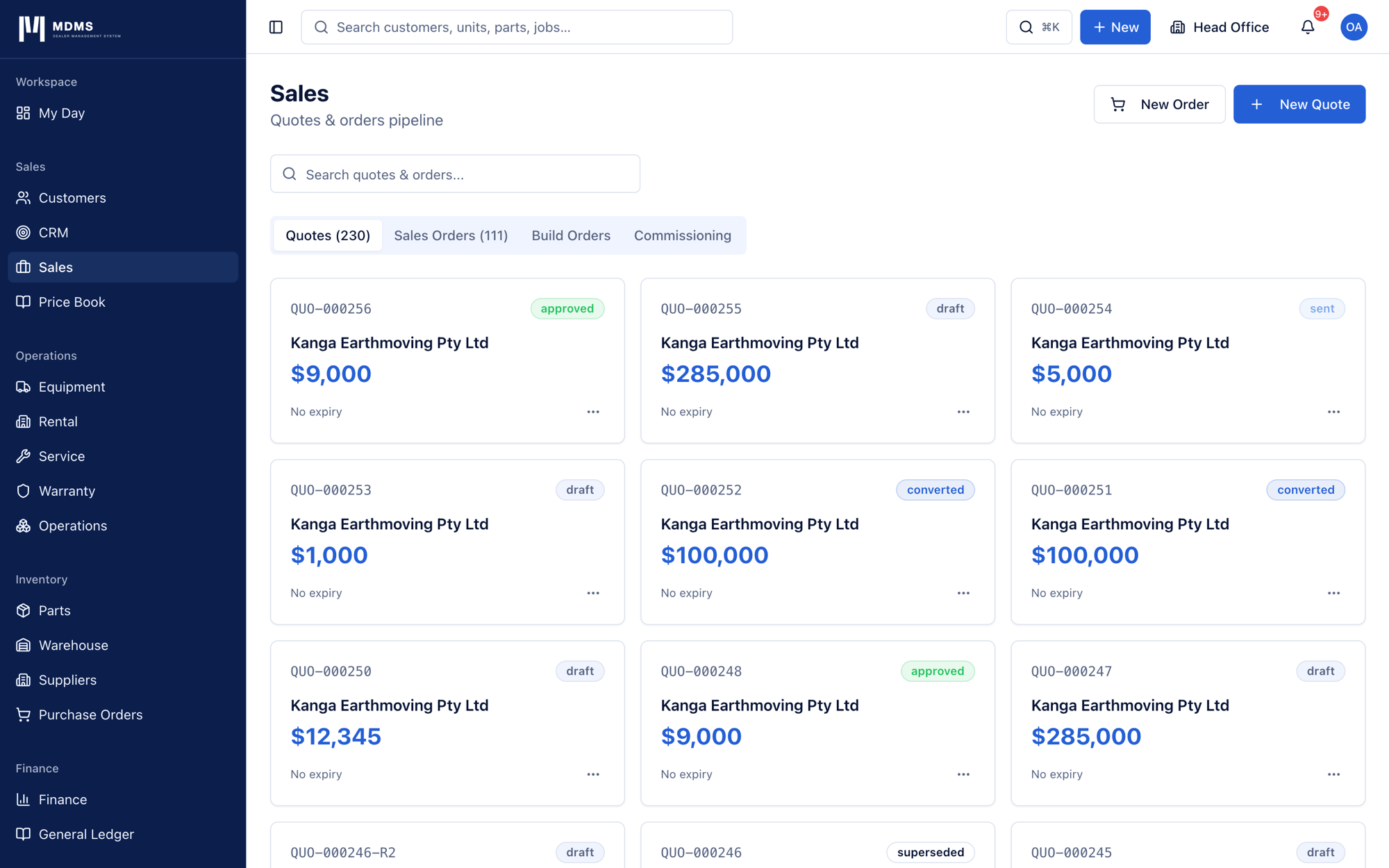 MDMS Sales screen with Quotes, Sales Orders, Build Orders and Commissioning tabs, and quote cards showing customer, value and status.