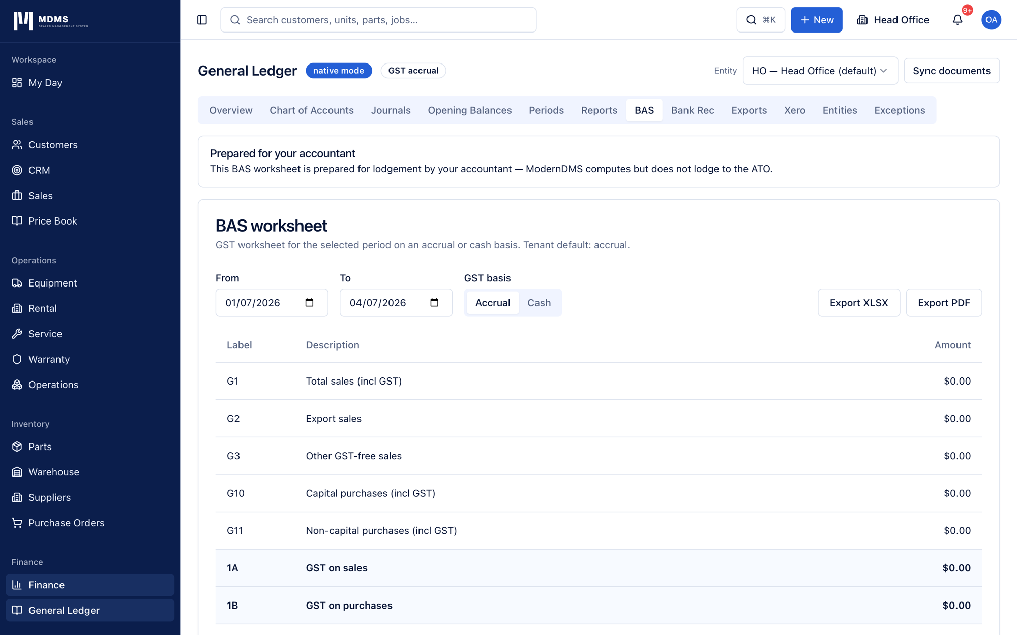 BAS worksheet computing GST fields for the period on an accrual or cash basis.