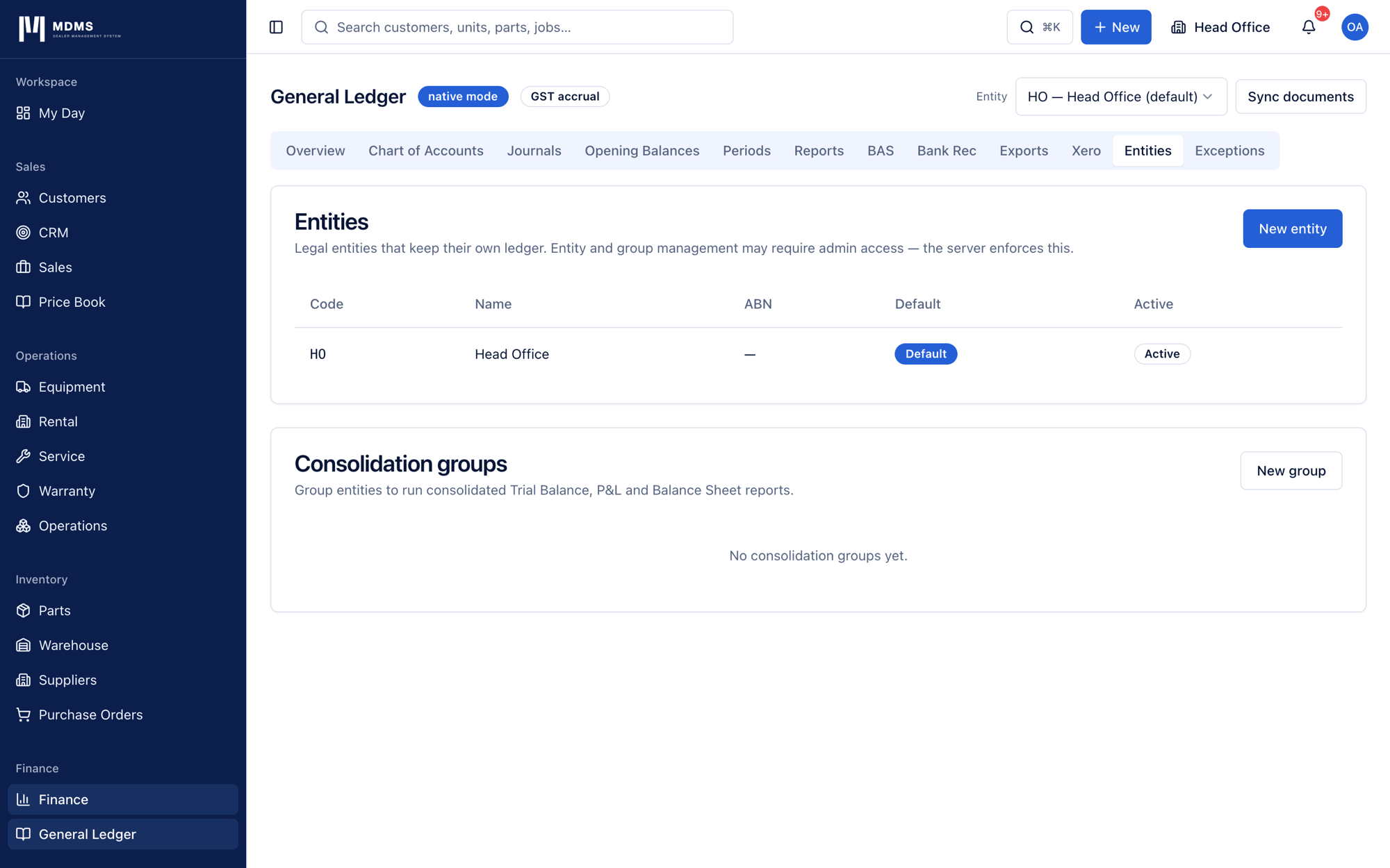 Entities tab listing multiple legal entities that can be consolidated with intercompany elimination.