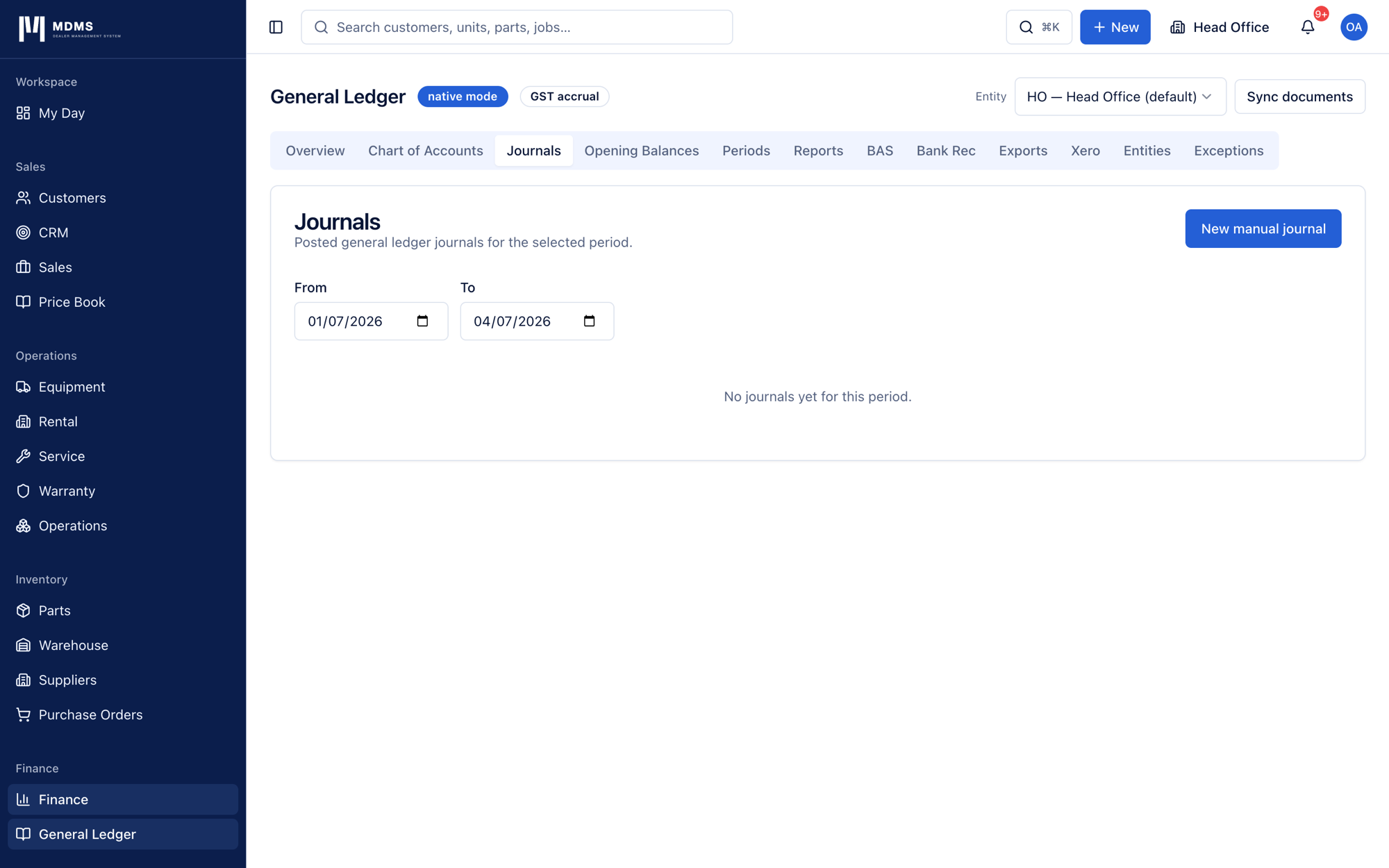 Journals tab listing posted double-entry journals with date, source, description and status.