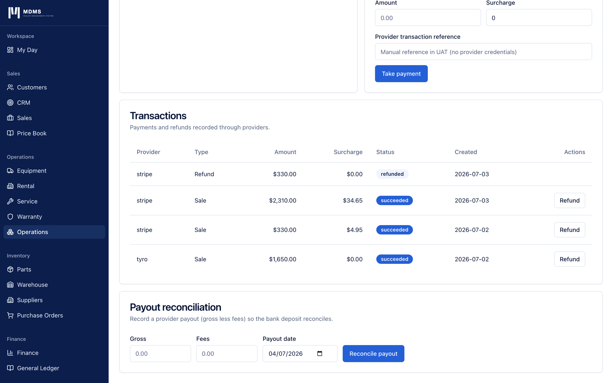Payment transactions ledger listing card sales and refunds recorded through the providers, each row showing amount, method, surcharge and status.