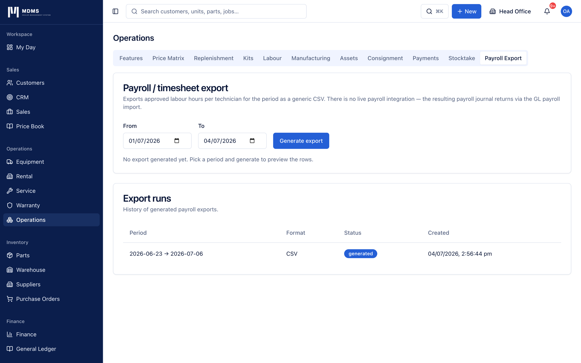 The Payroll Export tab showing controls to generate a payroll export run for a selected pay period, aggregating approved technician hours into a downloadable CSV.