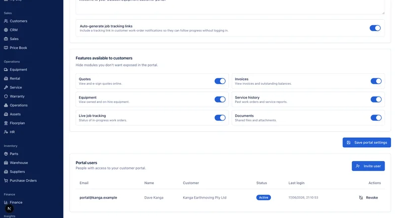 MDMS customer portal settings showing per-section toggles for quotes, invoices, equipment, service history, live job tracking and documents, an auto-generate job-tracking-links switch, and a portal users table listing an invited customer contact with their status and last login.