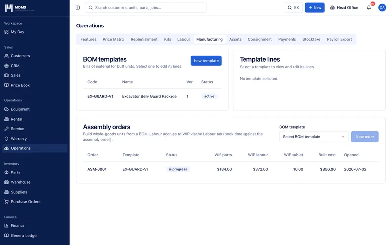 Manufacturing tab showing BOM templates for built units and a list of assembly orders, each with its status and a running built cost broken out into WIP parts, WIP labour and WIP sublet.