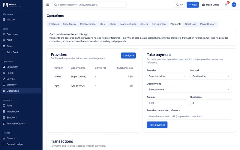 Payments settings screen showing configured providers Stripe and Tyro with their surcharge caps, a Take payment form that records a payment against an open invoice by provider reference, and a note that card details never touch the app.