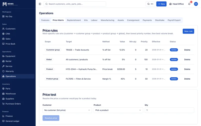 The Price Matrix tab showing a Price rules table with columns for scope, target, method, value, minimum quantity, priority, effective dates and status, above a price test tool for resolving a customer's price for a product.