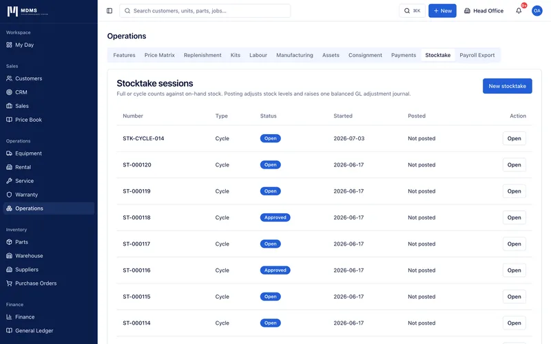 Stocktake session showing counted part lines with system quantity, counted quantity and the resulting variance for each part, ready to post as a single adjustment.