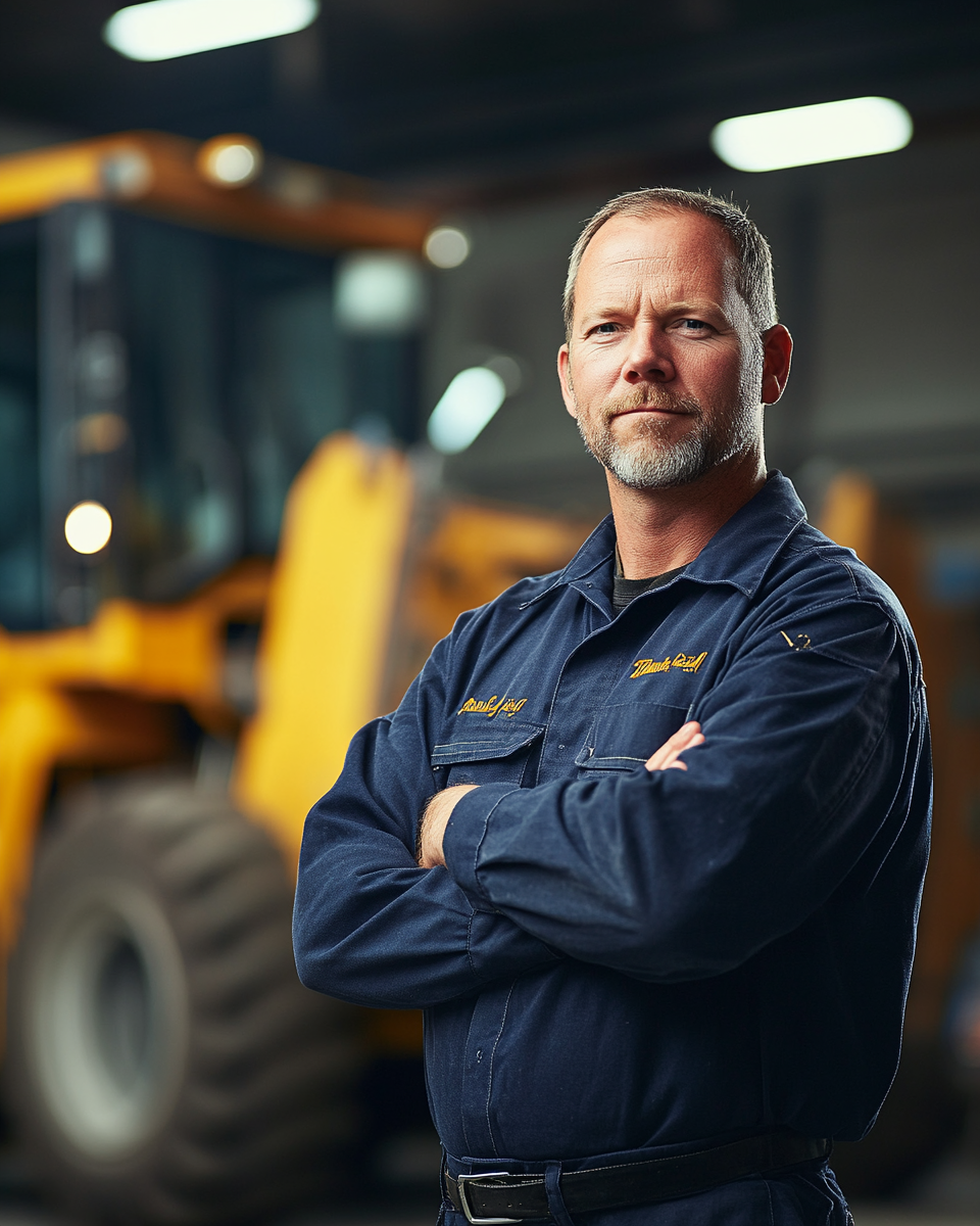 Male workshop manager in navy coveralls standing in a heavy equipment service bay
